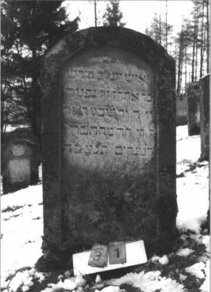 Grabstein 31 (Index: 99608715) Material: Sandstein Zustand: leicht verwittert Maße HxBxT: 119x64x13 cm Beschreibung: Stele mit Rundbogen, vertiefter Textteil: Grabstein 31