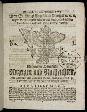 No. 1. Montags, den 4ten Januarrii 1768.