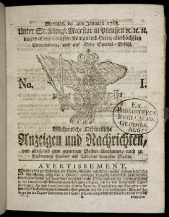 No. 1. Montags, den 4ten Januarrii 1768.