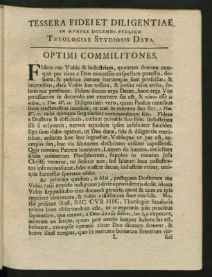Tessera Fidei Et Diligentiae In Munere Docendi Publico Theologiae Studiosis Data.