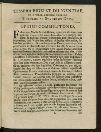 Tessera Fidei Et Diligentiae In Munere Docendi Publico Theologiae Studiosis Data.