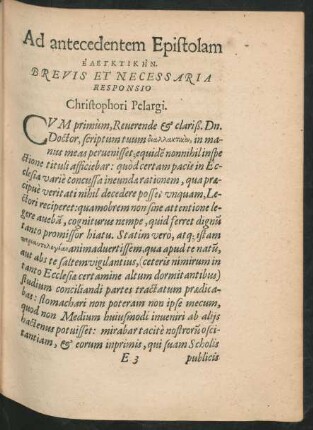 Ad antecedentem Epistolam Elenktikēn. Brevis Et Necessaria Responsio Christophori Pelargi.