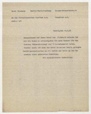 Brief von Raoul Hausmann an Südwestdeutscher Rundfunk AG / Ernst Schoen. Berlin