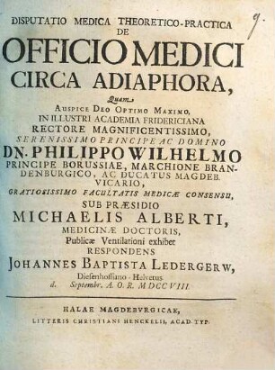 Disputatio Medica Theoretico-Practica De Officio Medici Circa Adiaphora
