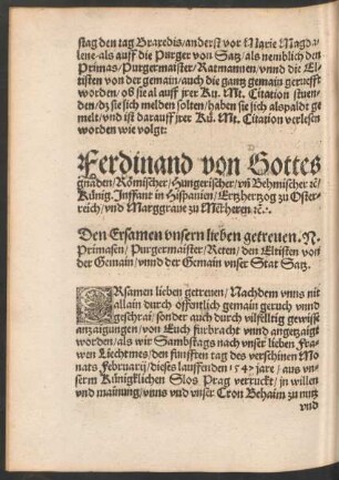 Ferdinand ... Den Ersamen unsern lieben getreuen .N. Primasen/ Purgermaister/ Reten/ den Elstisten von der Gemain/ unnd der Gemain unser Stat Satz.