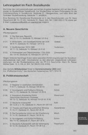 Lehrangebot im Fach Sozialkunde