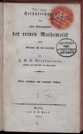 Erl.-Bd.: Die ersten Anfangsgründe der reinen Mathematik zum Gebrauch für den Unterricht. Erl.-Bd.