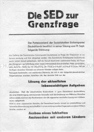 Flugblatt mit einer Stellungnahme des Parteivorstandes der SED zur Frage der Ostgrenzen Deutschlands