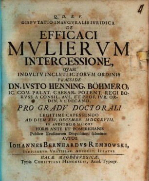 Disputatio Inauguralis Iuridica De Efficaci Mulierum Intercessione