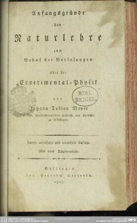 Anfangsgründe der Naturlehre : zum Behuf der Vorlesungen über die Experimental-Physik
