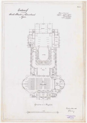 Fürstliches Hoftheater mit Konzertsaal, Gera: Grundriss 1. Rang 1:200