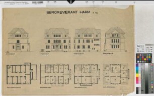 Hamm, Polizeipräsidium, Nebenstelle Bergrevieramt, Ansicht, Grundriss, Kellergeschoss, Erdgeschoss, Obergeschoss, Dachgeschoss