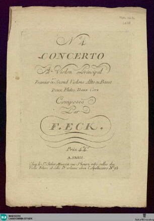No. 4 Concerto a violon principal : premier et second violons, alto et basse, deux flutes, deux cors