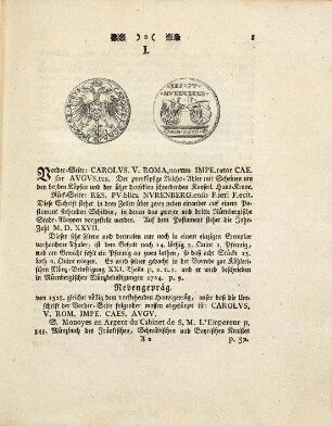Beschreibung der Silber-Münzen der Wohllöblichen Freyen Reichs-Stadt Nürnberg, 1. Enthaltend Thaler, Guldenthaler, Gulden und nach denselben gebildete und ausgestückelte kleinere Silber-Münzen
