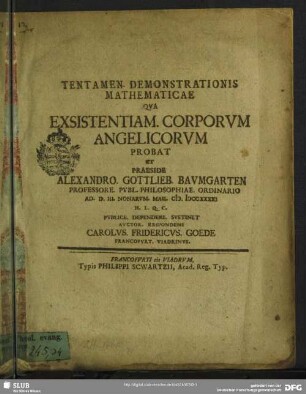 Tentamen. Demonstrationis Mathematicae Qua Exsistentiam. Corporum Angelicorum Probat