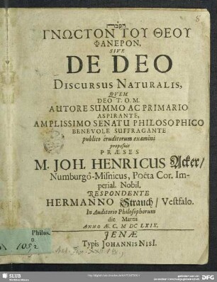 Gnōston Tu Theu Phaneron, Sive De Deo Discursus Naturalis