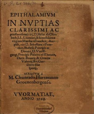 Epithalamium in nuptias ... Heliae ab Offenbach LL. Lic.