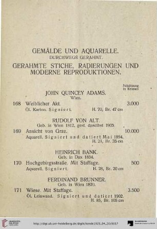 Gemälde und Aquarelle. Gerahmte Stiche, Radierungen und Moderne Reproduktionen (Nr. 168-216)