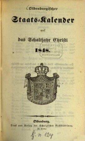 Oldenburgischer Staatskalender : auf d. Jahr Christi ... 1848