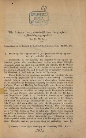 Die Aufgabe der "wirtschaftlichen Geographie" ("Handelsgeographie")
