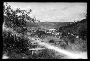 Blick aus Richtung Flöhberg auf Schlossberg mit z.T. Burg, alte Eisenbahnbrücke, Messegelände mit Messehalle und Altstadt mainabwärts