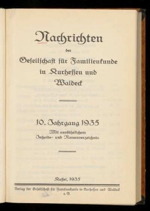 Nachrichten der Gesellschaft für Familienkunde in Kurhessen und Waldeck, 10. Jahrgang, 1935