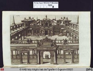 Blick auf den Hof eines Palastes, umgeben von Kolonnadengängen.