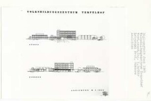 Volksbildungszentrum, Berlin-Tempelhof (Diplomarbeit bei Kurt Dübbers): Ansichten von Süden und Norden 1:200