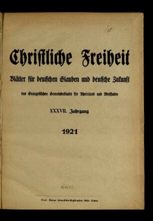 Christliche Freiheit / 37. Jahrgang 1921