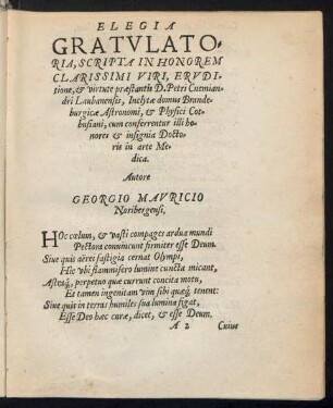 Elegia Gratulatoria, Scripta In Honorem Clarissimi Viri, Eruditione, et virtute praestantis D. Petri Cnemiandri Laubanensis ...