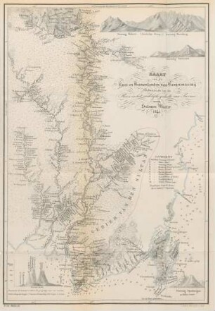 Kaart van de Kust-en Binnenlanden van Banjermasing behoorende tot de Reize in het zuidelijke gedelte van Borneo door Salomon Müller. 1845