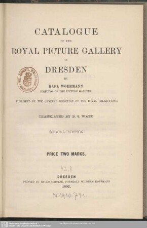 Catalogue of the Royal Picture Gallery in Dresden