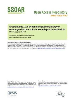 Erstkontakte. Zur Behandlung kommunikativer Gattungen im Deutsch als Fremdsprache-Unterricht