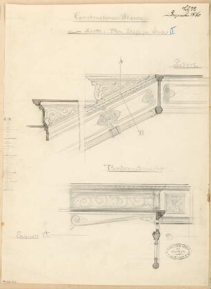 Gusseiserne Treppe mit Kandelaber Monatskonkurrenz Dezember 1876: Details zu den Stufen; Maßstabsleiste