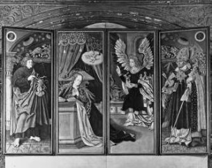 Halle (Saale), Marktkirche St. Marien, Altaraufsatz, 1. bewegliches Flügelpaar, Außenseiten: Mariae Verkündigung; Johannes der Ev.; Hl. Augustinus; Simon Franck