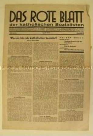Religiös-sozialistische Monatszeitung "Das rote Blatt der katholischen Sozialisten"