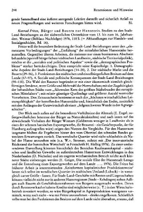 Fritze, Konrad :: Bürger und Bauern zur Hansezeit, Studien zu den Stadt-Land-Beziehungen an der südwestlichen Ostseeküste vom 13. bis zum 16. Jahrhundert, (Abhandlungen zur Handels- und Sozialgeschichte, 16) : Weimar, Böhlau, 1976