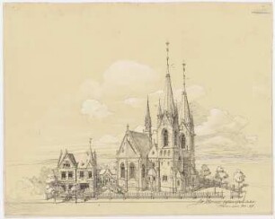 Sankt Aposteln Hafenkirche (mit Pfarrhaus), Dortmund: Perspektivische Ansicht des Pfarrhauses und der Kirche
