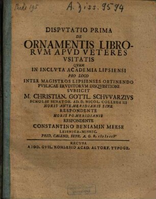 Dispvtatio ... De Ornamentis Librorvm Apvd Veteres Vsitatis, 1