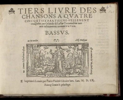 Orlando di Lasso: Tiers livre des chansons a quatre cincq et six parties. Bassus