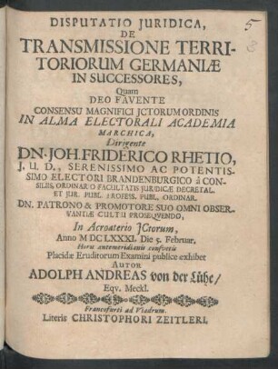 Disputatio Iuridica, De Transmissione Territoriorum Germaniae In Successores