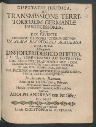 Disputatio Iuridica, De Transmissione Territoriorum Germaniae In Successores