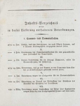 Inhalts-Verzeichniß aller in dieser Lieferung enthaltenen Verordnungen
