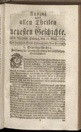 XIX. Nachlese. Coburg, den 10. May. 1752.