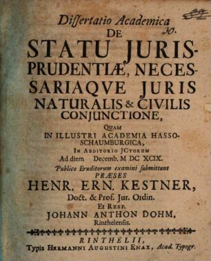 Diss. ... de statu iurisprudentiae, necessariaque iuris naturalis et civilis coniunctione