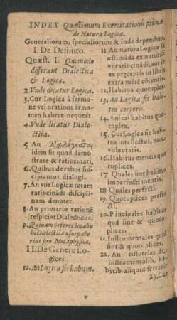 Index Quaestionum Exercitationis primae de Naturae Logicae.