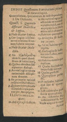 Index Quaestionum Exercitationis primae de Naturae Logicae.