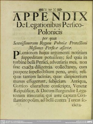 De legationibus Polono-Persicis Dissertatio : Appendix De Legationibus Persico-Polonicis per quas Serenissimorum Regum Poloniae Protectioni Missiones Persicae assertae