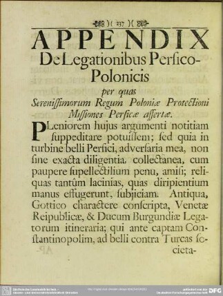 De legationibus Polono-Persicis Dissertatio : Appendix De Legationibus Persico-Polonicis per quas Serenissimorum Regum Poloniae Protectioni Missiones Persicae assertae