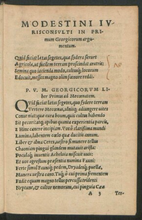 Modestini Iurisconsulti In Primum Georgicorum argumentum.